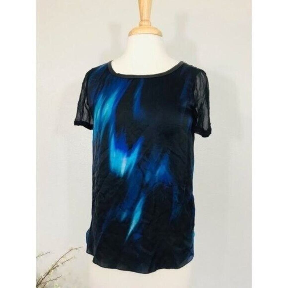 Elie Tahari Silk Top Watercolor Crew-neck Black Blue, XS